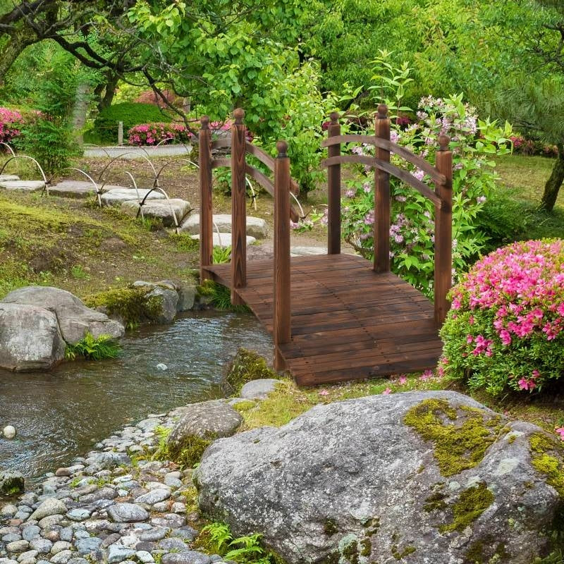 7.5 Ft FIR Wooden Garden Bridge with Hand Rails in Carbonized Wood Finish