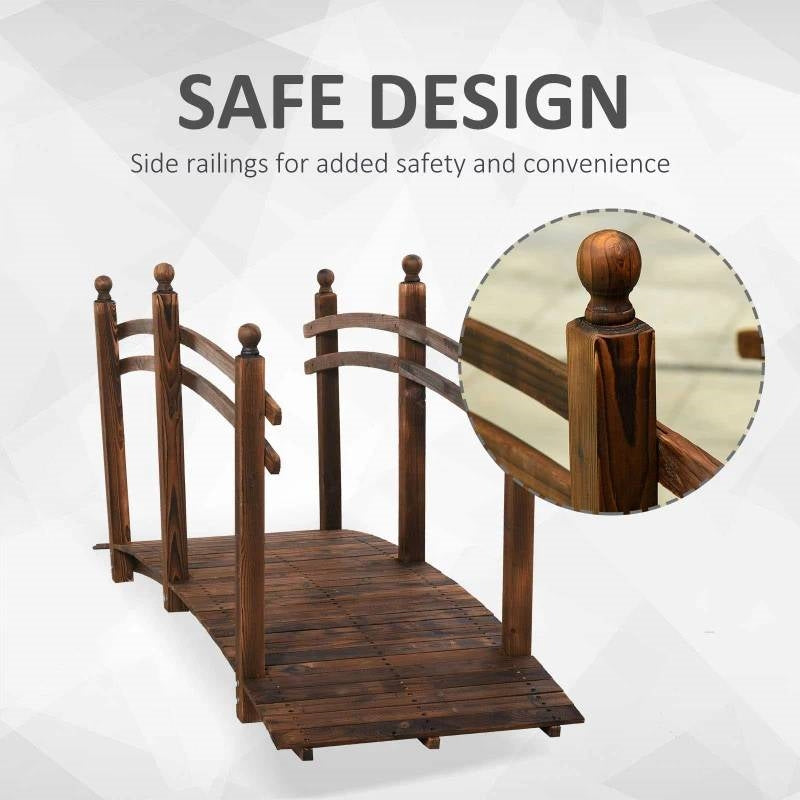 7.5 Ft FIR Wooden Garden Bridge with Hand Rails in Carbonized Wood Finish