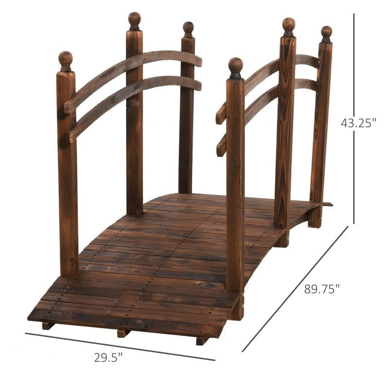7.5 Ft FIR Wooden Garden Bridge with Hand Rails in Carbonized Wood Finish