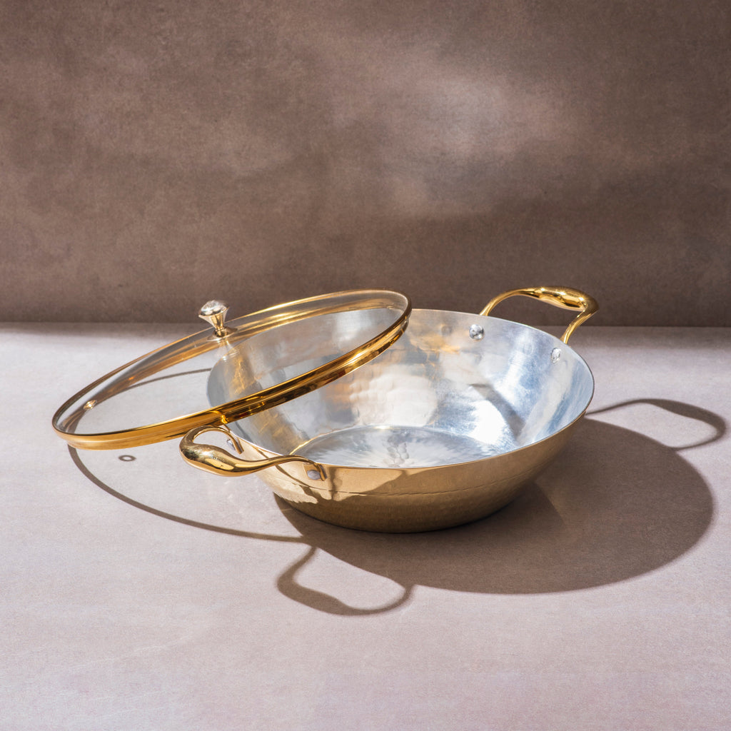 Brass Flat Base Wok with Glass lid - Kadhai (Deep & flat bottom cooking/serving utensil - karahi)