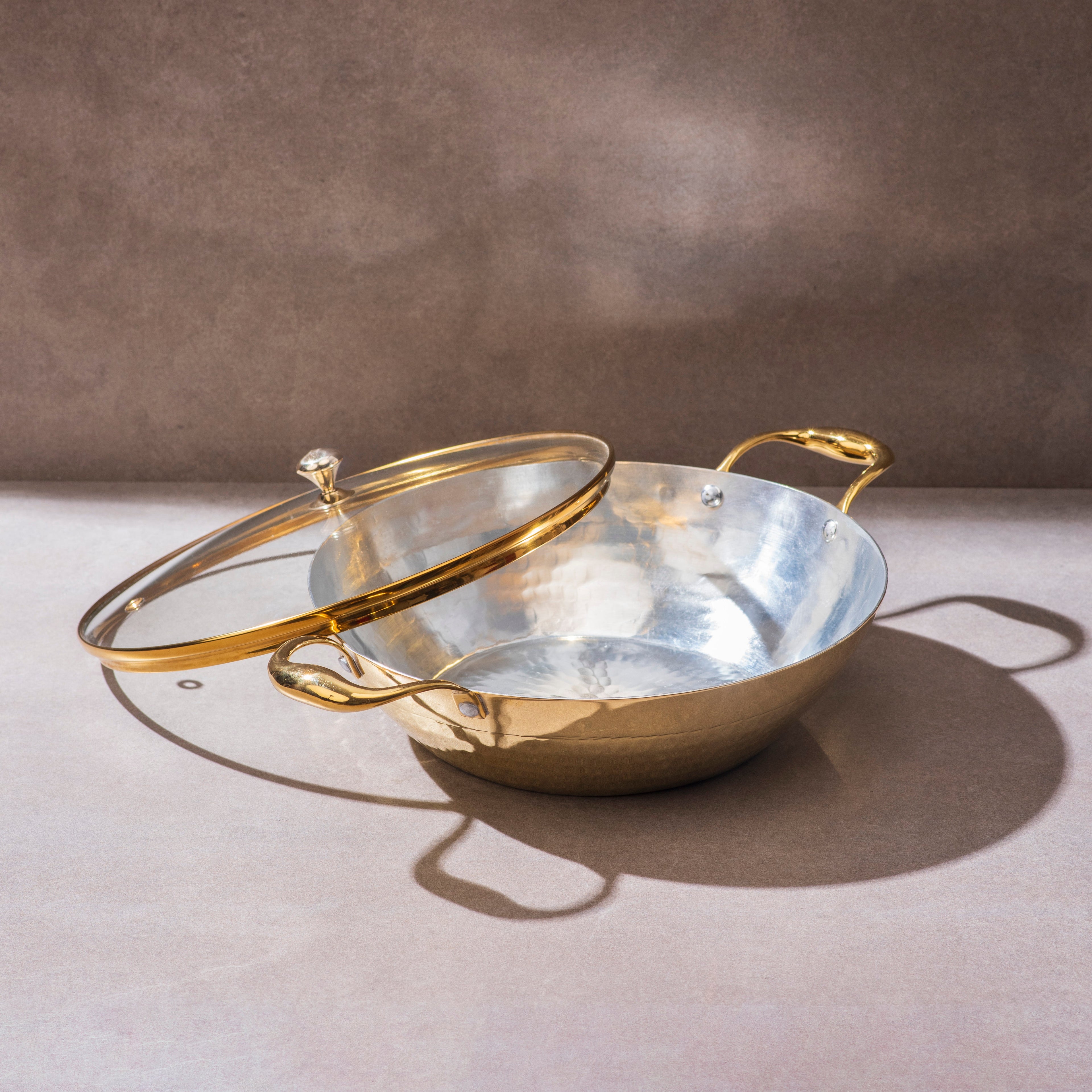 Brass Flat Base Wok with Glass lid - Kadhai (Deep & flat bottom cooking/serving utensil - karahi)